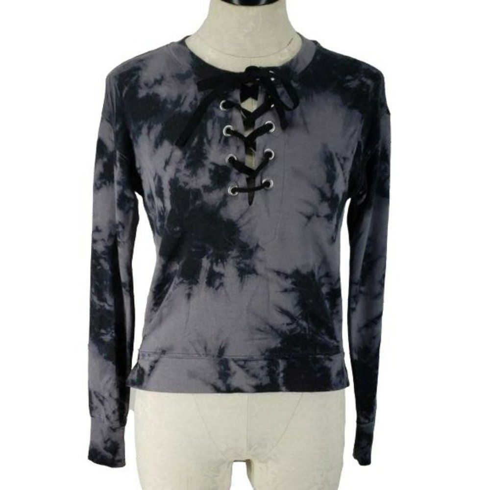 Mudd Woman's Black And Grey Tie Dye Lace Up Front Long Sleeve Shirt Size XS